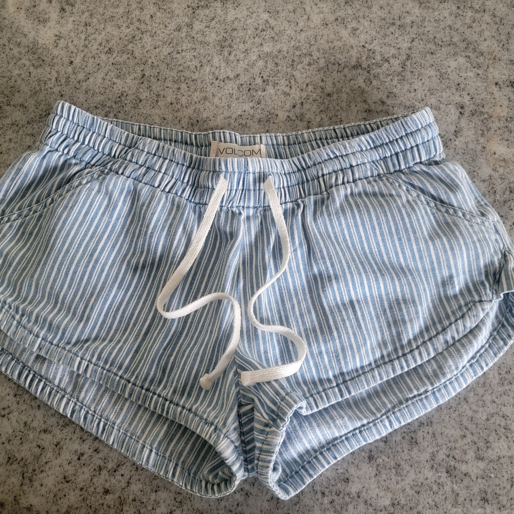 Volcom Blue and White Athletic Shorts with Elastic Waistband